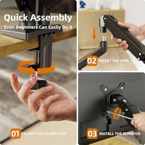 Claiks Dual Monitor Mount for 15-32 Screens, Ergonomic Gas Spring Monitor Arm for, Adjustable Computer Monitor Stand up to 40 lbs, with Clamp and Grommet Base, VESA Mounting Holes 75&100mm, Black 5