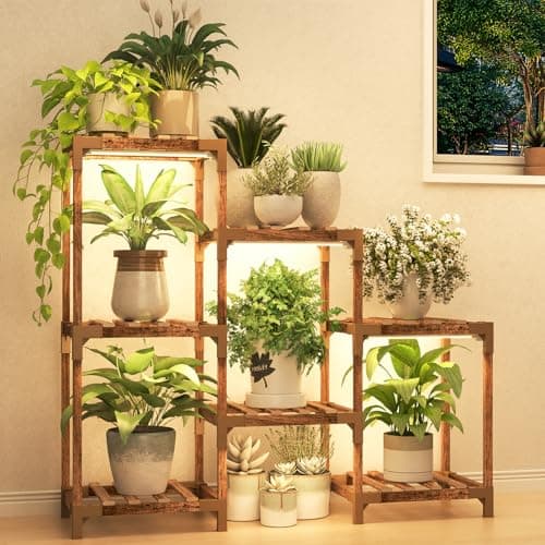 HOMKIRT Plant Stand with Grow Light, Plant Shelf Indoor for Mutiple Pots, 7 Tiers Wood Plant Ladder Holder Flower Stand for Corner Living Room Patio Boho Home Decor