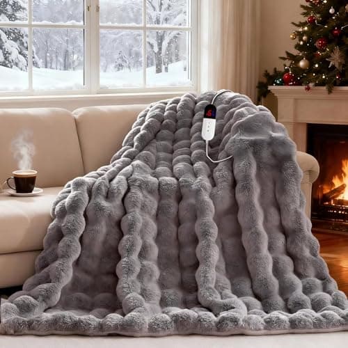 AEPINBH Heated Blanket Throw with 6 Fast Heating Levels,4 Hours Auto-Off,50x60 Cozy Faux Rabbit Fur Bubble Washable Electric Blanket with Overheating Protection,ETL Certification（Light Gray）
