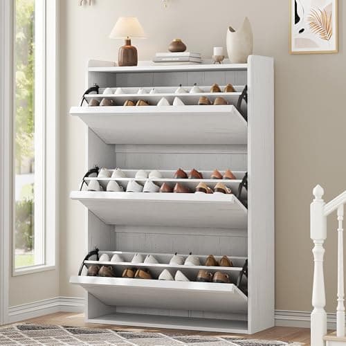 GAOMON Shoe Cabinet with 3 Flip Drawers, Modern Shoe Storage for Entryway, Wooden Shoe Organizer Cabinet with Adjustable Shelf, Hidden Shoe Rack for Hallway, Living Room, White