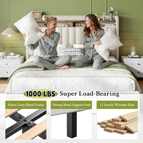 EnHomee Queen Size Bed Frame, Upholstered Queen Bed Frame with 2 Storage Drawers and 2-Tier Headboard, Vertical Tufted Headboard Design, Extra Storage Space for Bedroom Apartment, Beige 8