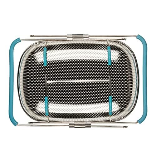 Rachael Ray Tools and Gadgets Over-The-Sink Colander/Strainer, 4.5 Quart, Stainless Steel with Agave Blue Handles 5