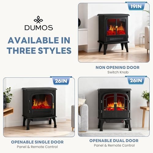 DUMOS 26” Freestanding Electric Fireplace Heater, Electric Fireplace Stove with 3D Flame Effect & Remote Control, Stylish Stove for Home with Safety Features, Adjustable Heat & 12H Timer, Inky 9