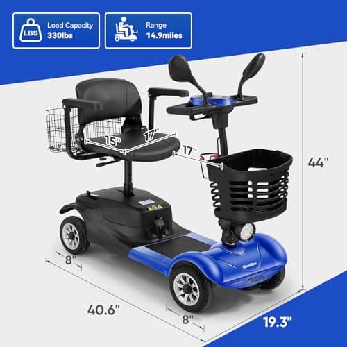 WheelWavi 4-Wheel Mobility Scooter for Adults & Seniors - Heavy-Duty Compact Travel Scooter with Long-Lasting Battery, LED Lights, Basket & Portable Design (Blue) 9