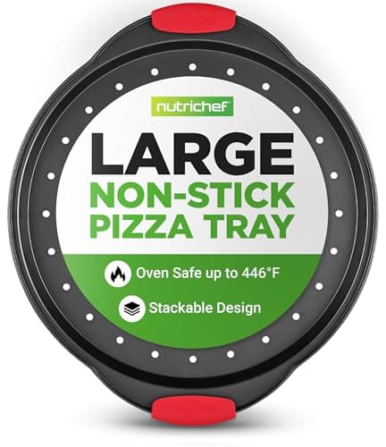 NutriChef 13-Inch Nonstick Pizza Tray - Round Carbon Steel Non-Stick Pizza Pan with Perforated Holes, Premium Bakeware Pizza Screen with Silicone Grip Handles, Dishwasher Safe - NCBPIZ1