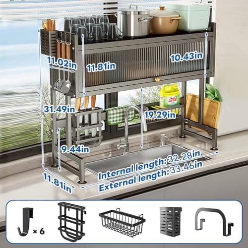 Hdrriozu Over the Sink Dish Drainer Drying Rack 3 Tier Over Sink Dish rack for a Tidy Kitchen Sink Shelf Organized Space-Saving Dish Rack with Cover for Dishes, Glasses, Bowls, and Cutlery 6