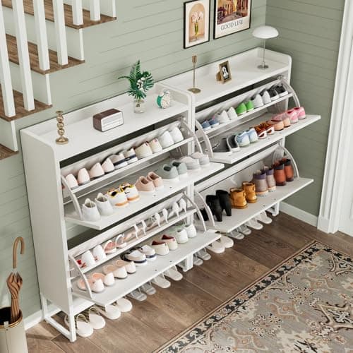 GRUSIGN Shoe Cabinet, Shoe Storage Cabinet with 2 Flip Drawers & Adjustable Shelf, Space-Saving Shoe Organizer – Holds 16+ Pairs, Narrow Shoe Cabinet Storage for Entryway/Hallway（Ivory ） 7