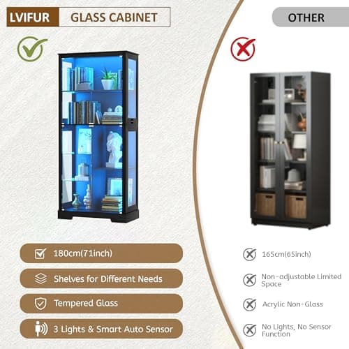 Lvifur 71” Display Cabinet with Glass Doors, Modern Curio Cabinet with 3 Color Lights, 7-Tiers Glass Display Cases for Collectibles, Tall Lego Storage Cabinet with Human Body Sensor (Black) 7