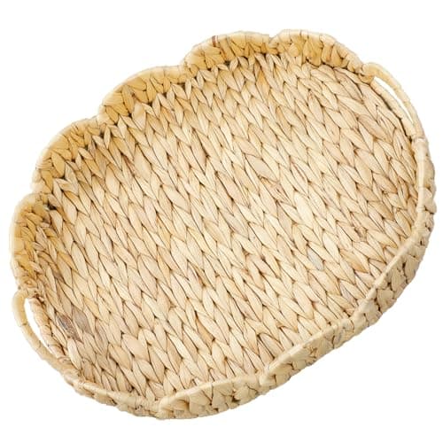 Coeusy 16.5'' Wicker Scalloped Serving Tray,Elliptical Rattan Tray for Countertop,Desktop,Both Decorative & Organizing