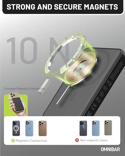 Omnibar Magnetic Power Bank for iPhone, 5,000mAh MagSafe Portable Charger, 0.5'' Slim Wireless Power Bank with USB C Cable, Travel Essentials Magnetic Battery Pack for iPhone 17/16/15/14/13/12, Black 7