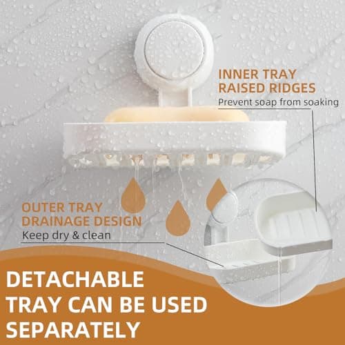 LEVERLOC Soap Dish Holder for Shower Suction Cup Wall Mounted Self Draining NO-Drilling Removable Bar Soap Sponge Holder for Bathroom Bathtub Kitchen Sink Waterproof Strong Vacuum Suction Adhesion 9
