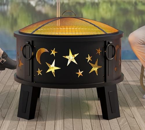 Kingson 26" Outdoor Fire Pit with Grill & Mesh Cover, Wood Burning Steel Firepit with Poker & Star Spark Screen, Heavy Duty Patio Fire Bowl for Backyard, Camping & Garden 5