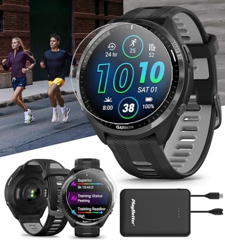 PlayBetter Garmin Forerunner 965 (Black/Powder Gray) Running & Triathlon GPS Smartwatch Bundle - Bright AMOLED Display, Lightweight, 31-Hour Battery - Includes Screen Protectors & Portable Charger