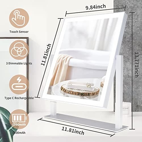 SLIMOON Hollywood Vanity Mirror with Lights, Lighted Makeup Mirror with Detachable 10X Magnification Mirror, 1200mAh Rechargeable Makeup Mirror with Lights, Touch Control 5