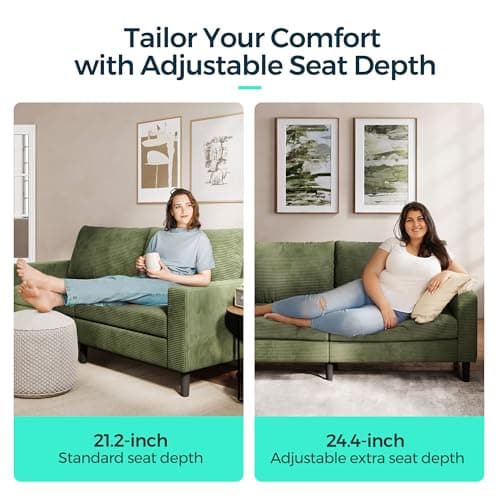 LINSY Modern Loveseat Sofa Couches for Living Room, Comfy Corduroy Sofa, Adjustable Seat Depth, Extra Deep Seats, Solid Wood Frame, Removable Cover, Love Seat Couch for Small Spaces (79inch, Green) 7