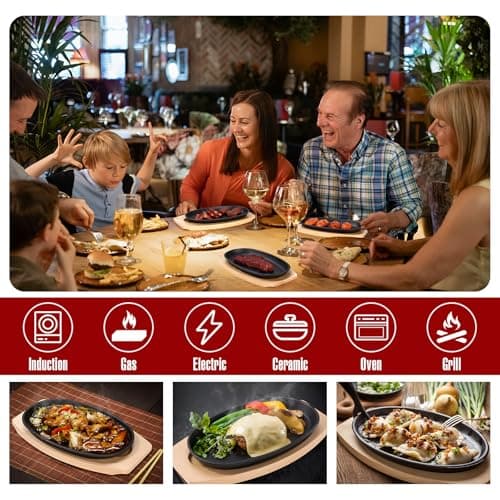 6 Pieces Oval Cast Iron Fajita Skillet Pan Set Small Sizzling Steak Plate with Wooden Base and Handle Cast Iron Fajita Skillet Sizzling Plate for Home Valentine's Day(9.5 in x 5.5 in, Natural Wood) 7
