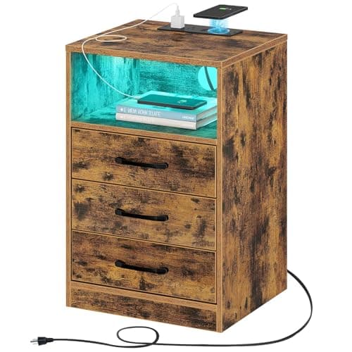 Seventable Nightstand with Wireless Charging Station and LED Lights, Rustic End Side Table with 3 Drawers and Open Compartment for Bedroom, Rustic Brown