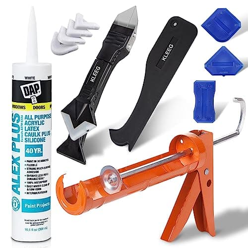 DAP 18152 10.1oz White Alex Plus Acrylic Latex Caulk with Silicone + KLEEG Caulk Gun + KLEEG Caulking Tool Kit - Dripless Caulking Gun, Caulk Removal Tool, 3in1 Scraper Home Sealant Tool
