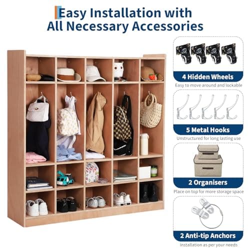 Garvee 5-Section Classroom Coat Locker, 15 Cubbies for Classrooms with Anti-tip Anchors, Daycare Cubby with 4 casters, 5 Hooks and 2 Storage Boxes, for Home/School/Kindergarten 6