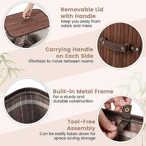 Giantex Bamboo Laundry Hamper with Lid, 72L Large & Tall Clothes Hamper with Removable Liner & Handles, Rectangular Laundry Basket for Small Spaces, Laundry Room, Bedroom (Brown) 6