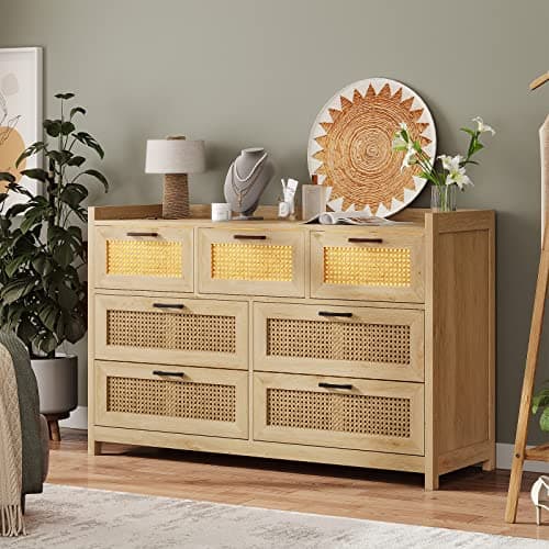 AOGLLATI Rattan Dresser for Bedroom with 7 Drawers, Dressers & Chests of Drawers,Wood Long Bedroom Dresser for Bedroom, Hallway, Entryway