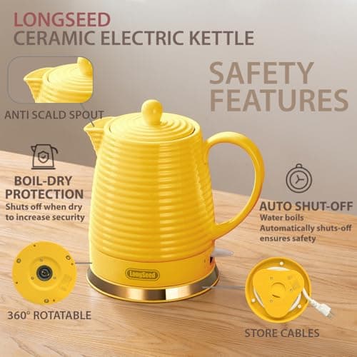 LONGSEED 1.2 liter Ceramic Electric Kettle with Infuser & Cups Set, 1000W Fast Boiling Water, Boil-Dry Protection Auto Shut Off, Detachable Swivel Base, Water Heater Teapot For Coffee & Tea 5
