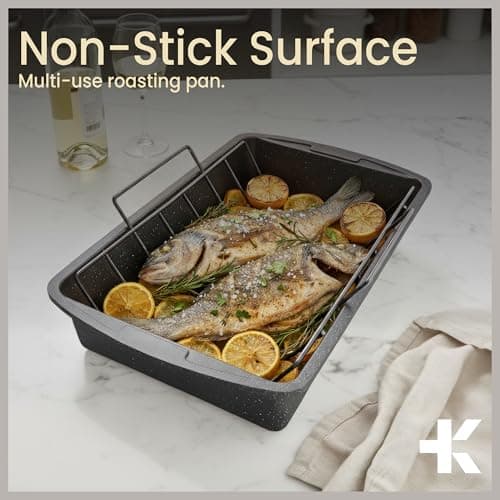 BAKKEN Nonstick Turkey Roasting Pan with Rack – 17 X 13 inch, Large Heavy-Duty Carbon Steel Roasting Pan, Wide Handles, Versatile for Baking, Grilling, & Roasting, Oven Safe Up to 450°F, Gray Marble 10