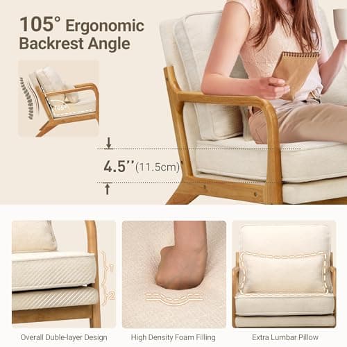 COLAMY Mid Century Modern Accent Chair Set of 2 with Lumbar Pillow, Relaxing Armchair with Solid Wood Frame & Soft Cushion, Reading Leisure Chair for Living Room（Beige） 5