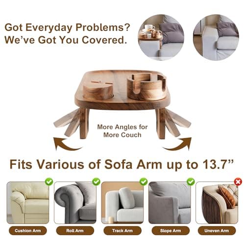 UrbanRoost Acacia Wood Couch Arm Tray,3 in 1 Large Clip on Couch Arm Table with 360° Rotated Phone Holder and Cup Holder, 15.35"x9.85" 5