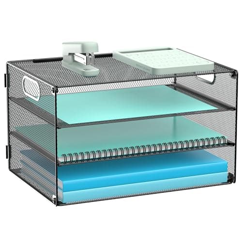 Gawerk 4 Tier Lettrer Tray Organizer with Handle, Mesh Desk Paper Letter Tray Organizer for Office & Home, Black
