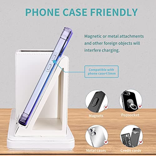 Wireless Charger with Desk Organizer, Wireless Charging Station for iPhone 14/14 Pro/13/12/11/Samsung Galaxy S23/S22/S21/S20/Note 20/Note 10, Charging Stand with Leather, White 5