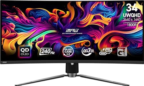 msi MPG 341CQPX QD-OLED 34-inch Curved OLED Gaming Monitor, 3440 x 1440 (UWQHD), 0.03ms Response time, 240Hz, True Black HDR 400, HDMI, DP Port, USB Type C, Tilt, Height Adjustable