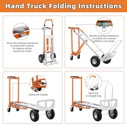 Aluminum 4 in 1 Convertible Hand Truck Dolly, 1000Lbs Capacity, Heavy Duty Folding Hand Truck Dolly Cart with Wheels 10" All-Terrain Tires, Hand Trucks for Logistics, Moving Home, Shopping, Office 9
