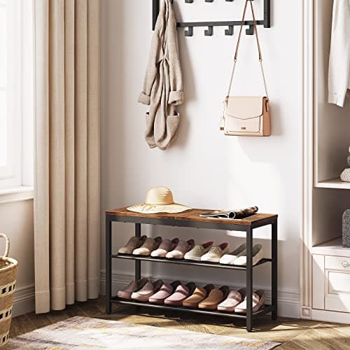 HOOBRO Shoe Bench, 3-Tier Shoe Rack, Industrial Shoe Organizer Storage Bench, 29.5 inches Entry Bench with Mesh Shelves, for Entryway, Living Room, Hallway, Easy Assembly, Rustic Brown BF75HX01 2