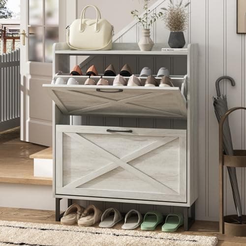 Maupvit Shoe Storage Cabinet with 2 Flip Drawers, Freestanding Organizer with Metal Legs for Entryway, Narrow Shoe Rack Cabinet, Beige