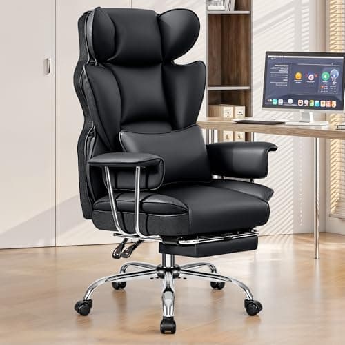BESTFAIR Office Desk Chair 400LBS, Big and Tall Office Chairs with Footrest, Leather Computer Gaming Chairs with Adjustable Height, Executive Office Chairs with Lumbar Support, Ebony