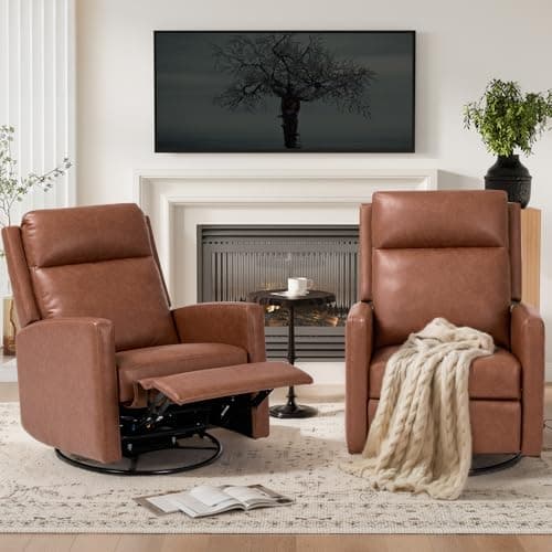 COLAMY Swivel Rocking Recliner,Wide PU Leather Glider Sofa Chair with Ergonomic High Backrest for Living Room, Office, Bedroom（Cocoa） 7