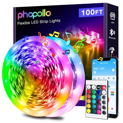 phopollo Bluetooth Led Strip Lights 100ft (2 Rolls of 50ft), RGB Color Changing LED Lights for Bedroom, Kitchen Decoration, App Control and Music Sync