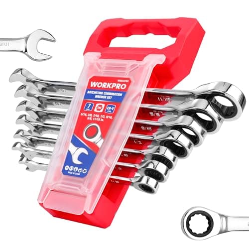 WORKPRO Ratcheting Wrench Set, SAE, 7-piece Ratcheting Combination Wrench Set, 5/16'', 3/8'', 7/16'', 1/2'', 9/16'', 5/8'', 18/16'', 12-Point, CR-V Steel, with Organizer Rack
