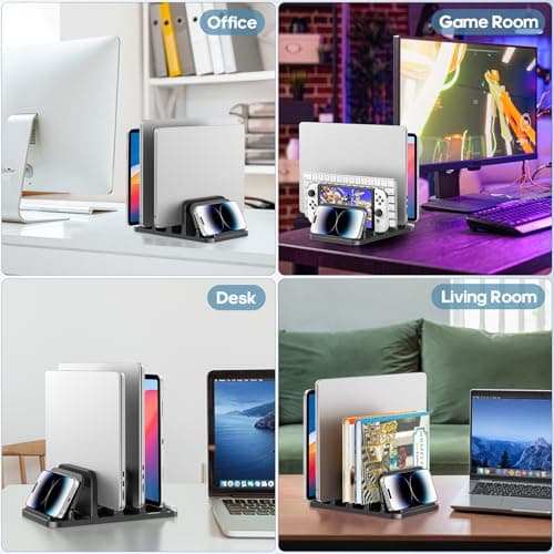 KDD 4-Slot Vertical Laptop Stand with Gravity Locking, 6-in-1 Laptop Holder Desktop Stand, Space-Saving Organizer Fits MacBook/Surface/HP/Dell/Book/Tablet/Switch/Cell Phone and Keyboard 6