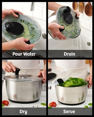 BASSWOOD Stainless Steel Salad Spinner Large - Easy & Compact Kitchen Tool - Stainless Steel Bowl, Drain, & Colander - Produce & Lettuce Spinner, Vegetable Dryer, Fruit Washer - 6.33 Qt 6