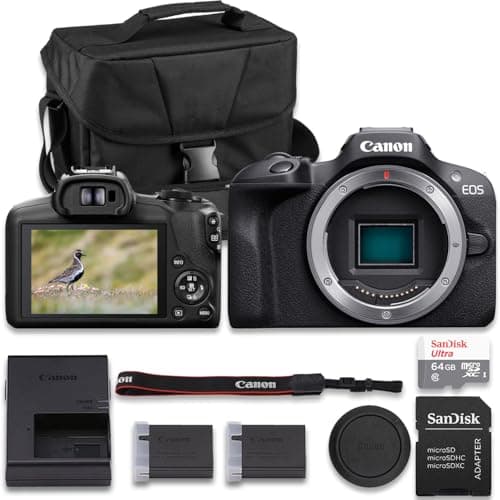 Canon EOS R100 Mirrorless Camera with Extra LP-E17 Lithium-Ion Battery Pack + SanDisk Ultra 64GB + Camera Carrying Case (10pc Bundle)