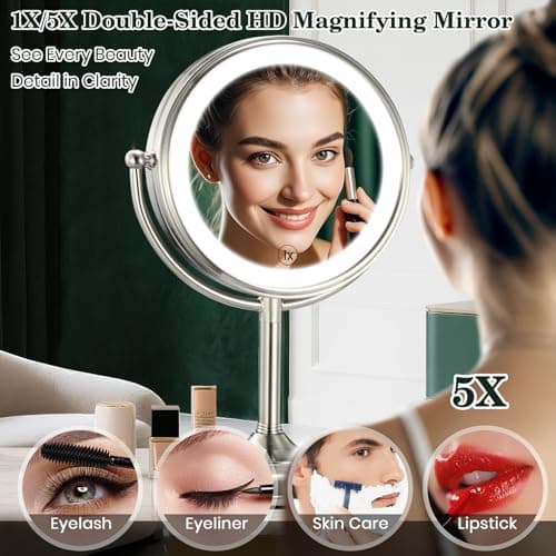 VESAUR 11.8" Extra Large 17" Tall Lighted Makeup Mirror, 1X/5X/10X 3-Sided Magnifying Mirror with 96 LEDs, 3 Color Dimmable Lights, 360° Swivel Dual Power Vanity Mirror, Nickel Finish Luxury Gift Box 6