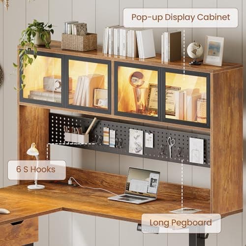 SEDETA 68.9" Standing L Shaped Gaming Desk, Office Computer Desk with Storage Hutch and Drawers, Stand Up Corner Desk with Pegboard & Led Lights for Home Office, Rustic Brown 6