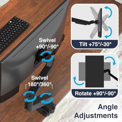 Desky Single Monitor Arm – VESA Mount 17"-32" Screen Full Motion Desk Clamp & Grommet Base – Adjustable Tilt, Swivel, Rotation – Matte Black 6