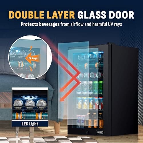 NewAir 126 Can Beverage Refrigerator | Freestanding Small Mini Fridge for Bedroom with Glass Door | Drink Cooler with Adjustable Shelves, Quiet Cooling & Locking Door | Black 7