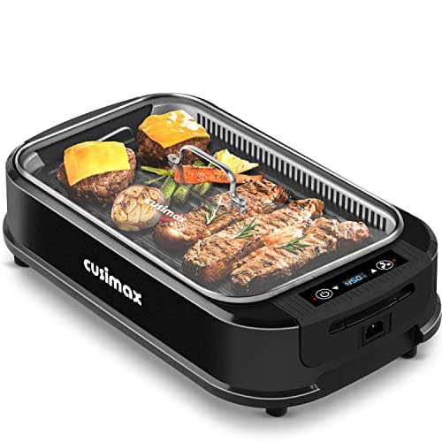 Smokeless Grill Indoor, CUSIMAX Electric Grill, 1500W Portable Korean BBQ Grill with LED Smart Display & Tempered Glass Lid, Non-stick Removable Plate, Dishwasher Safe, Black