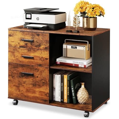 DEVAISE 3 Drawer Mobile File Cabinet, Wood Lateral Filing Cabinet, Printer Stand with Open Shelves for Home Office, Rustic Brown 8