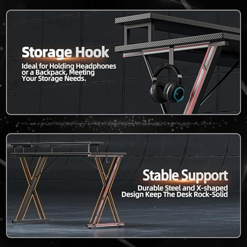 TIQLAB Gaming Desk with Power Outlets & LED 40 Inch Ergonomic Computer Carbon Fiber Surface Gamer Desk, Large Monitor Stand, Headphone Hook, PC Workstation for Bedroom, Black 8