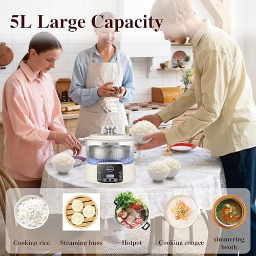 Low Carb Rice Cooker,5L Multifunction Smart Rice Cooker - 4H Keep Warm,Digital Display,Timer & Reservation Function,Suitable for Cooking,Simmering,Stewing,and Steaming(5L,Beige) 3